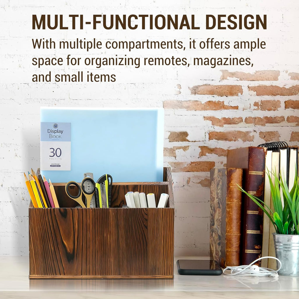 MyGift Rustic Solid Wood Remote Control Holder Caddy – Tabletop Organizer with Magazine Storage Slot for Living Room or Office