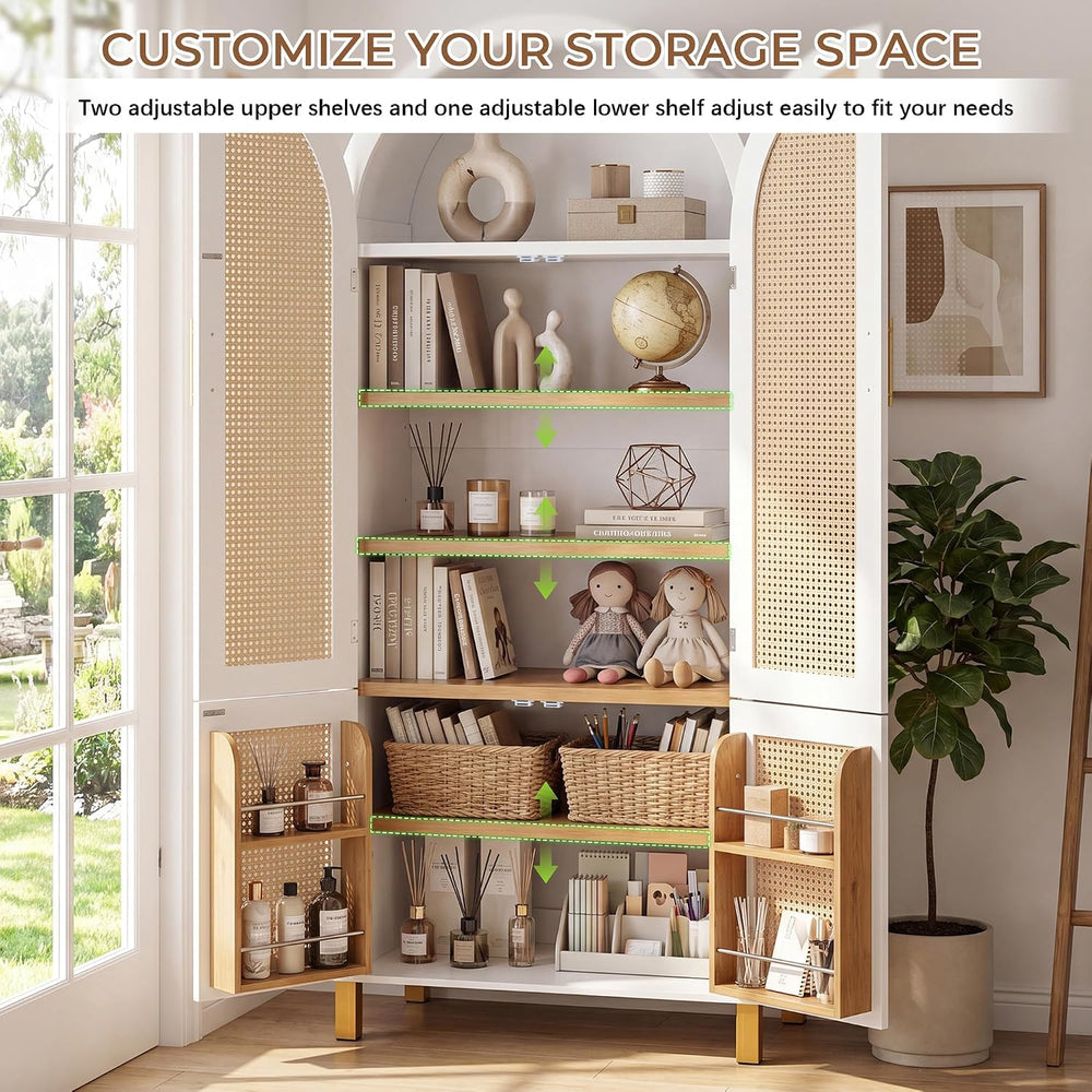 Polibi 71" Tall 4-Door Arched Cabinet, MDF Rattan Door Storage with Adju...