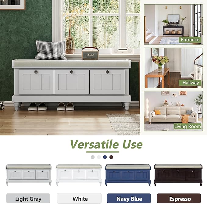 Merax Classic Storage Bench with Cushioned Seat and Three Drawers for Entryway & Living Room & Bedroom, Light Gray