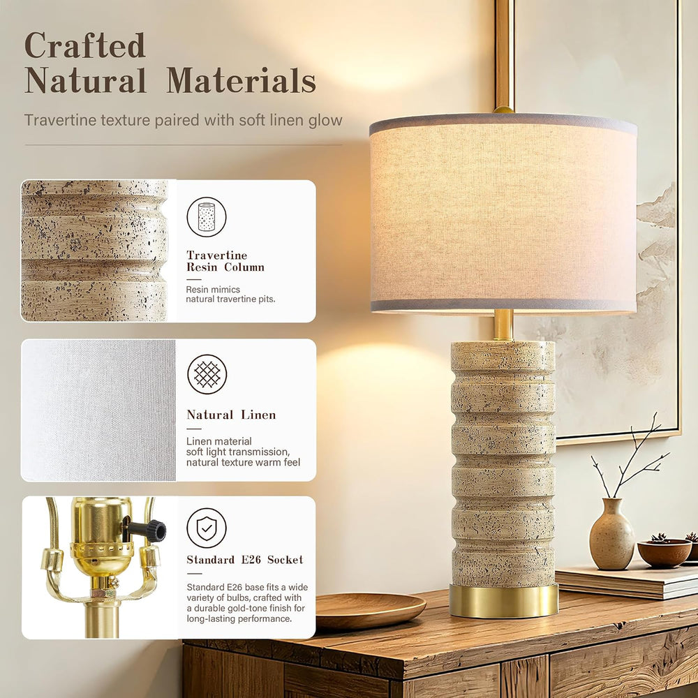 AIEAMPDO 26" Set of 2 Travertine Resin Table Lamps for Bedroom, Brass Base