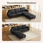 Vesgantti 97" Modular Sectional Sofa Black, U-Shaped Couch with Movable Ottoman, Comfy Corduroy Couch with Spring Cushion, Modular Sofa with Deep Seat for Living Room, Bedroom and Apartment