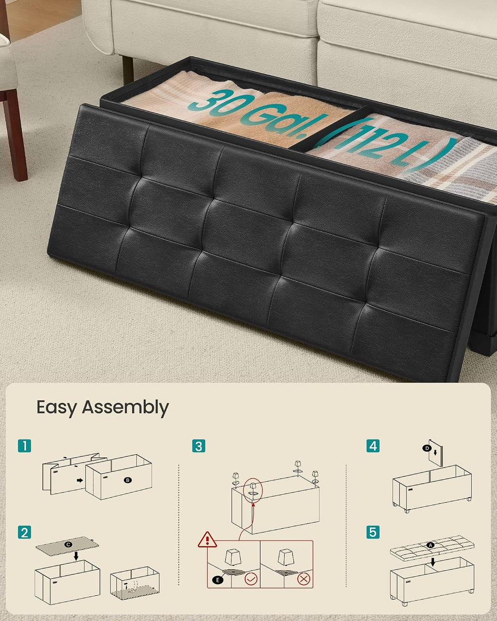 SONGMICS Storage Ottoman Bench with Legs, Flipping Lid, 43.3 Inches | Folding...