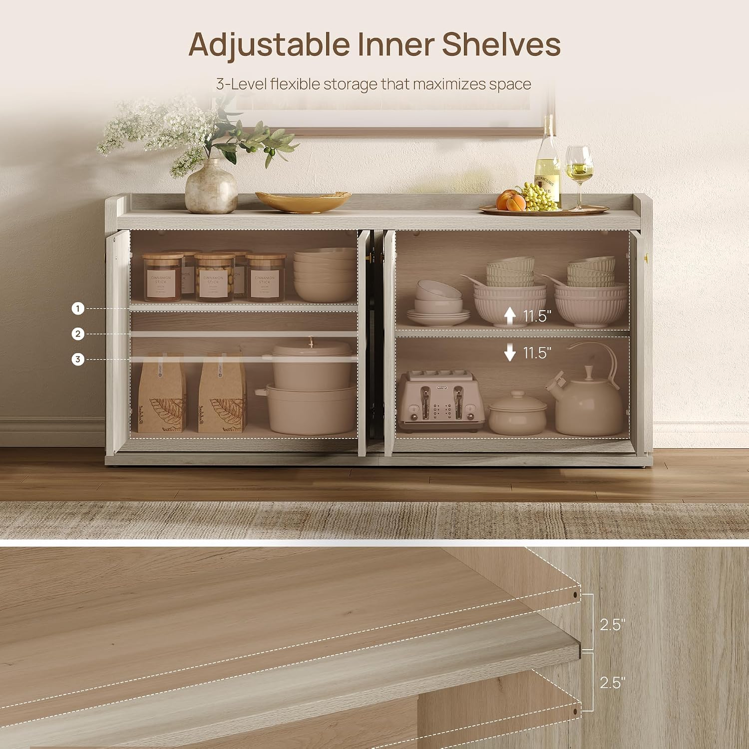 SICOTAS 61.7" 4-Door Buffet Sideboard Cabinet Living Room, Grey White Oak | Geometric Doors & Elegant Gold Handle, Slow-Close Door, 2 Separate Bays, 3-Level Adjustable Shelf, Kid & Pet Safe, 77 lbs Top