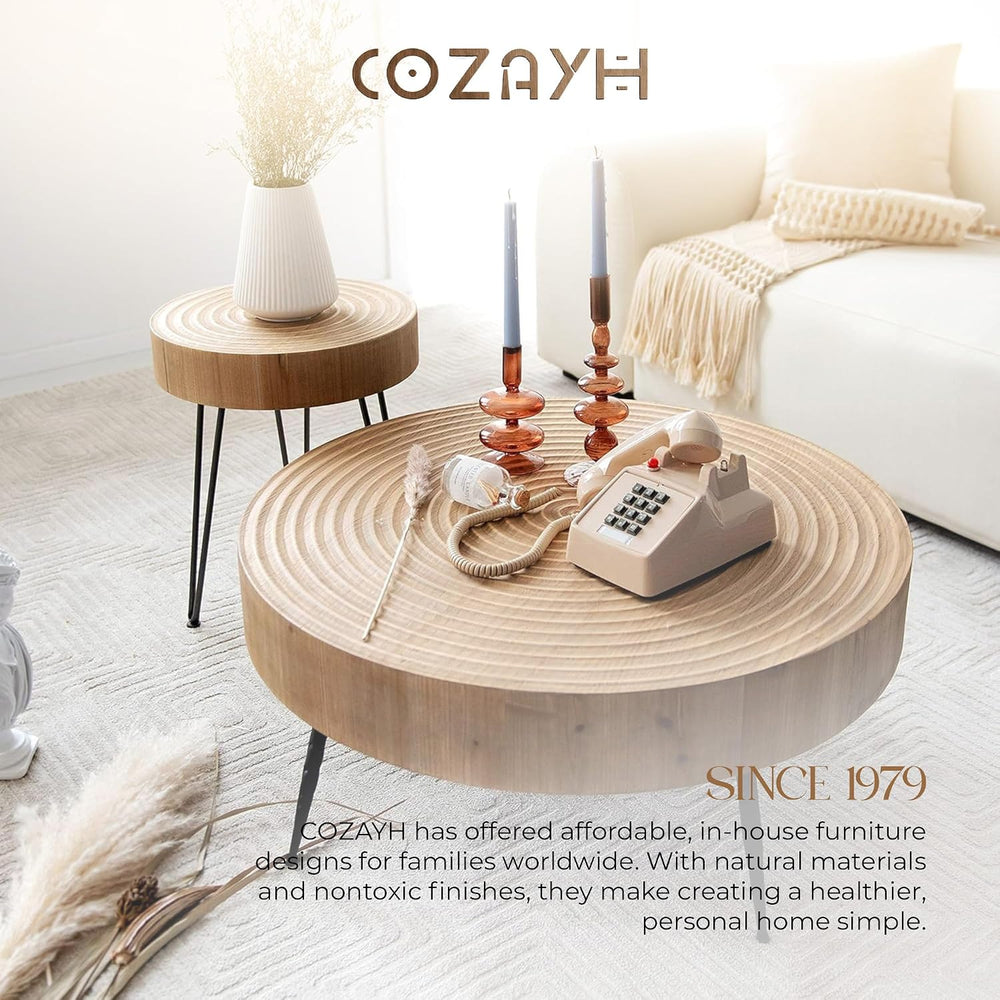 COZAYH 2-Piece Round Nesting Coffee Table Set, Natural Wood Top with Black Me...