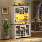 70.9" Kitchen Pantry Rustic Buffet Cabinet, Kitchen Hutch Cabinet with LED Outlets Food,Doors and Shelves Wine Rack for Dining Room (White-LED)