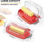 Butter Dishes with Lid for Countertop Refrigerator, Plastic Butter Dish Clear Flip Top Lid Butter Container with Spreader, Non-Slip Bottom Butter Holder Keeper (Transparent Cover Red)
