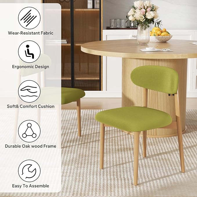 Wooden Dining Chair Set of 3, Modern Dining Chairs with with Curved Back, Fabric Upholstered Kitchen Dining Room Chairs with Adjustable Legs for Farmhouse Dining Living Room,Green