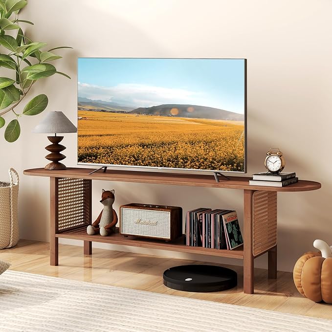 HollyHOME Bamboo TV Stand with Storage for TVs up to 65", Modern Enterta...
