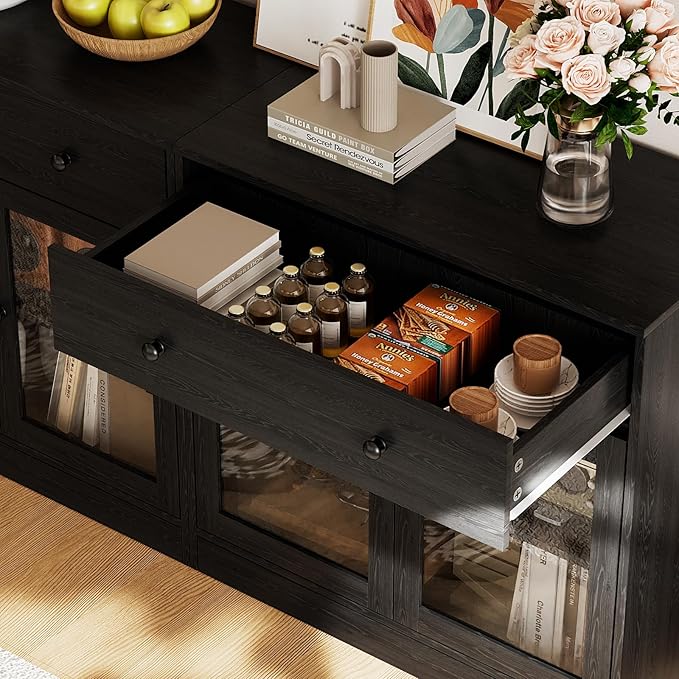 TUSY 71" Large TV Stand Set - TV Entertainment Center for TVs up to 65", Media Center with Tempered Glass Doors and Drawer, TV Hutch with Bookshelves for Living Room (Black, BFFB)