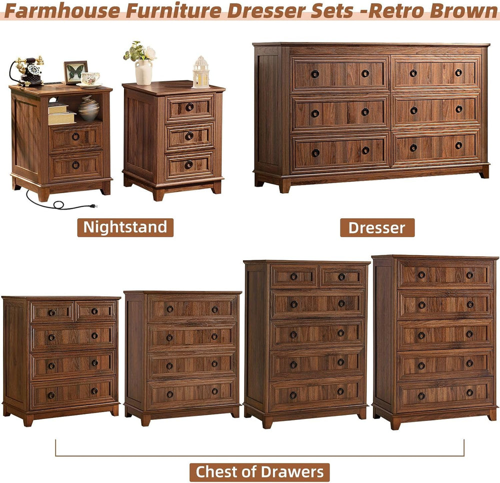Joaxswe Bedroom Dresser and Nightstand Sets 4 Piece,Farmhouse Brown Dresser