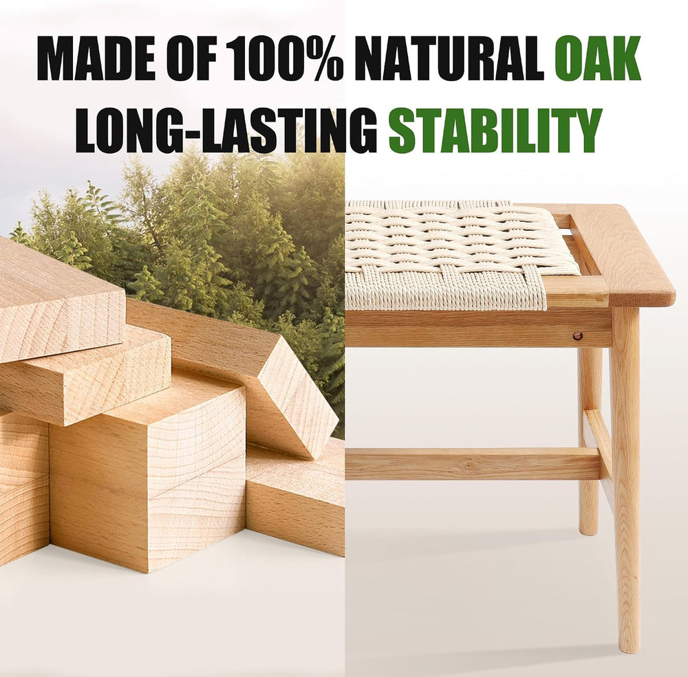 OGMILL 33.5" L Wood Dining Bench Indoor, 100% Natural Solid Oak Bed Benc...