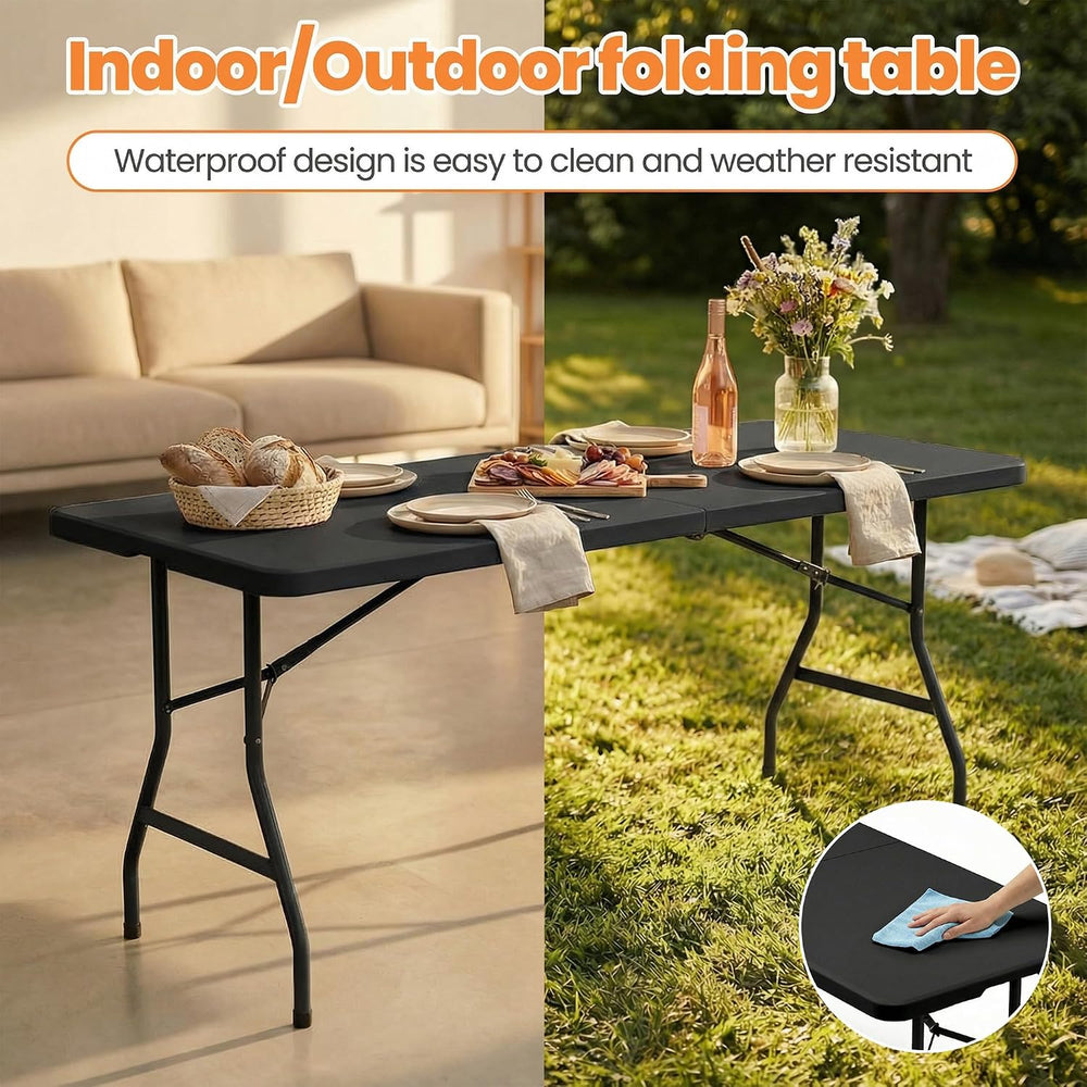 2 Pack Folding Tables 6FT Plastic Utility Foldable Tables, Black