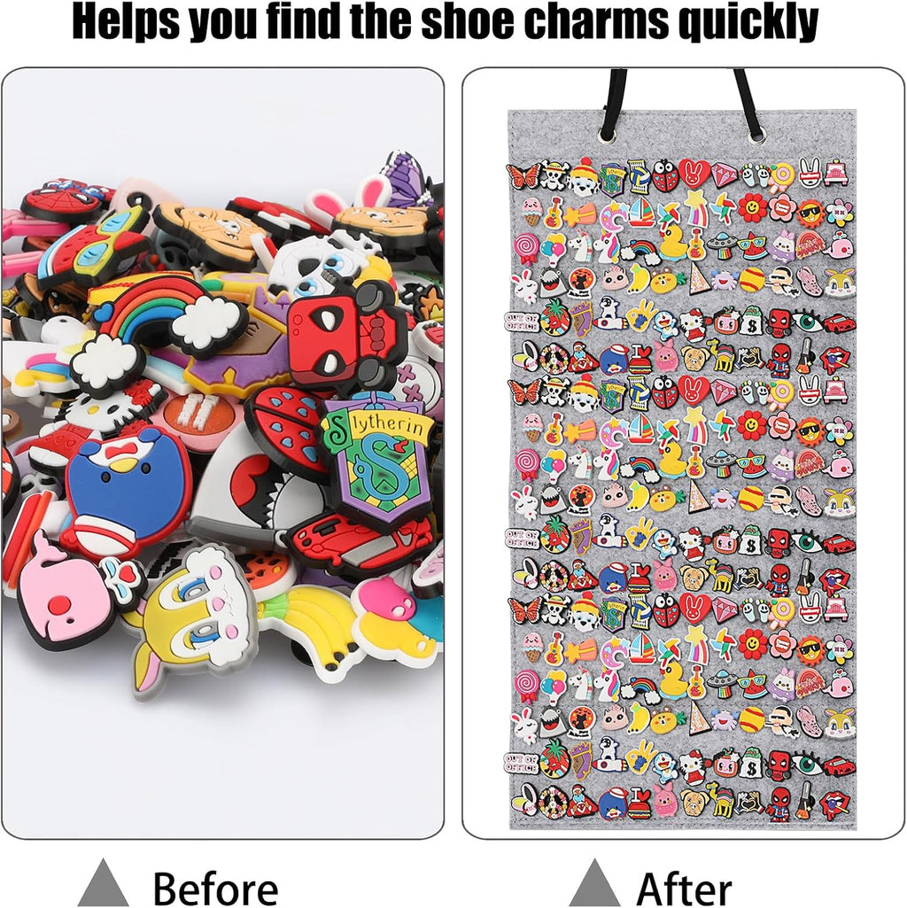 JUXYES Shoe Charms Organizer Wall Hanging Collection Holder with 216 Holes | Soft Felt Material, Easy to Categorize, Portable Decorative Croc Charms Display, Hanging Shoe Charms Storage Organizer, Gray
