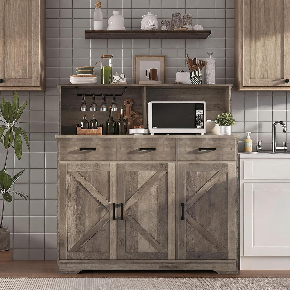 IDEALHOUSE Farmhouse Buffet Sideboard with Microwave Stand, Barn Door Storage...