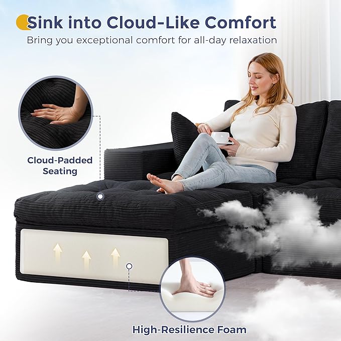 MAXYOYO 132" U Shaped Modular Sectional Sofa with 2 Ottomans, Cloud Boneless Couch with Layered Cushion, Flexible Module Combination Sofa for Living Room, No Assembly Required, Black