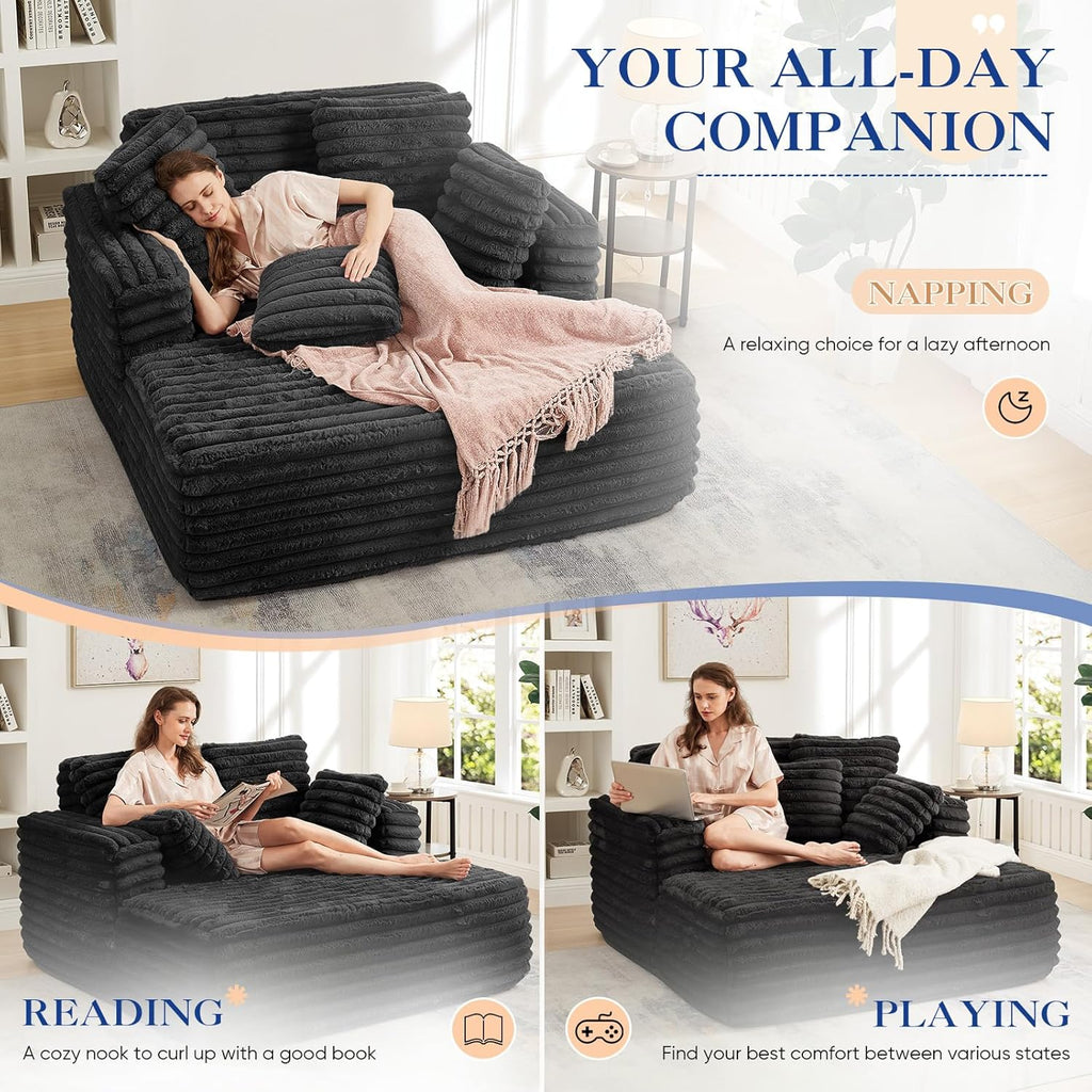 Oversized Chaise Lounge Indoor, Modern Plush Faux Fur Fabric Deep Seat Boneless Memory Foam Sleeper Chaise Lounge Sofa Chair with Pillows for Living Room Bedroom Studio, No Assembly Couch, Black