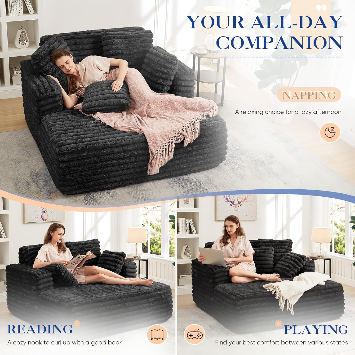 Oversized Chaise Lounge Indoor, Modern Plush Faux Fur Fabric Deep Seat Boneless Memory Foam Sleeper Chaise Lounge Sofa Chair with Pillows for Living Room Bedroom Studio, No Assembly Couch, Black