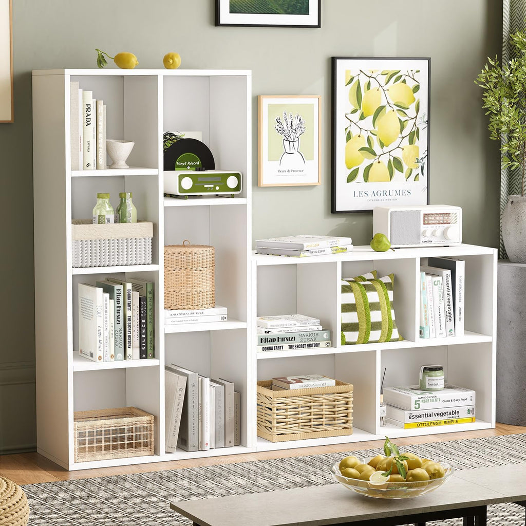 oneinmil 7 Cube Bookshelf, White Cube Organizer and Display Shelf with Storage, Stackable Bookcase for Small Space, Wooden Cube Shelf Easy to Match for Living Room, Bedroom, Study Room and Office