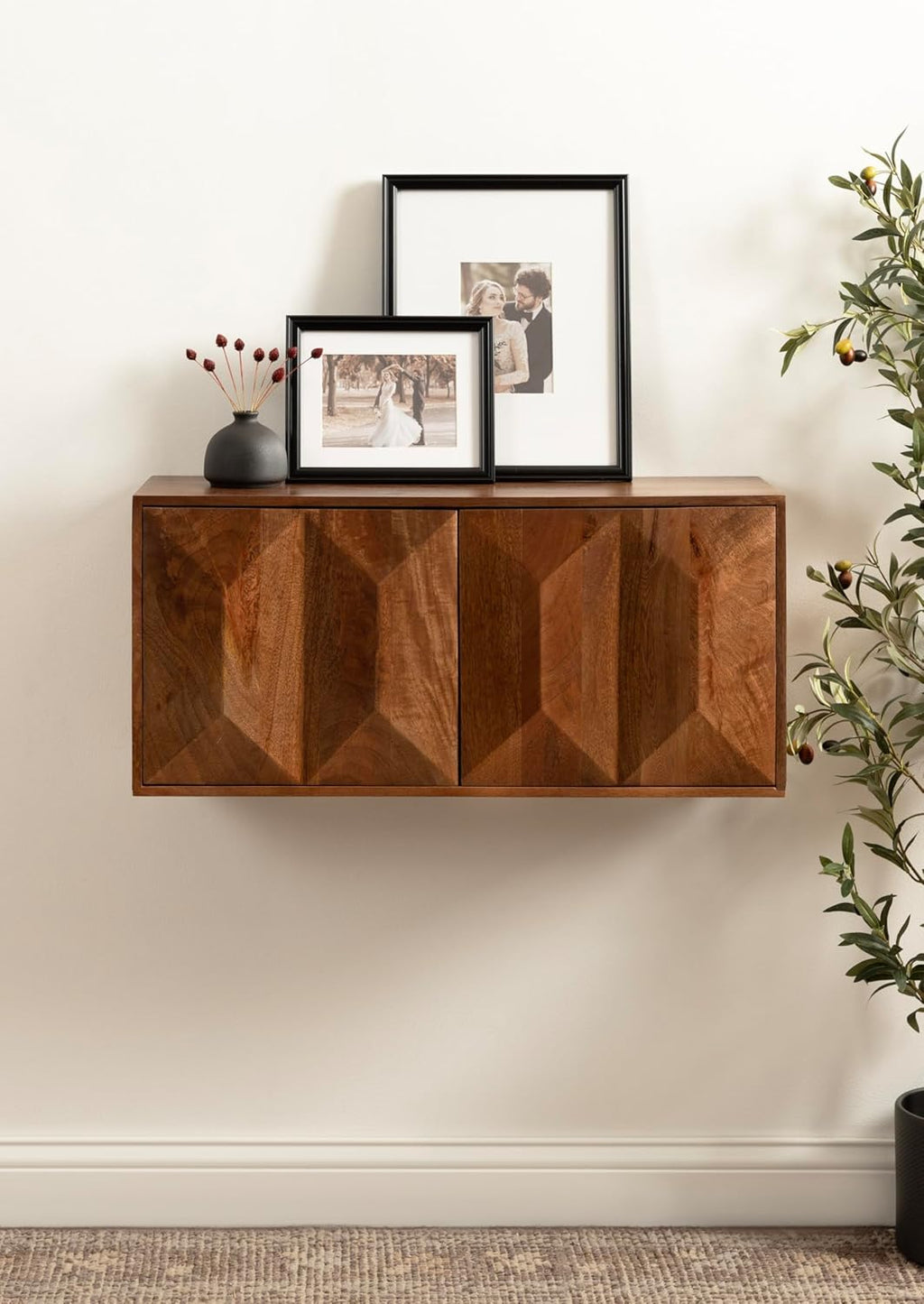 Kate and Laurel Ranier Modern Wooden Two-Door Wall Cabinet, 30 x 10 x 14, Walnut Brown, Decorative Storage Cabinet with Dimensional Face for Use as Floating Nightstand or Floating TV Shelf