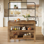 Solid Wood Kitchen Island with Storage, 47-Inch Farmhouse Stationary Island Table with Seating and 5 Hooks, Counter Height Bar Table for Kitchen, Dining Room, Rustic Brown