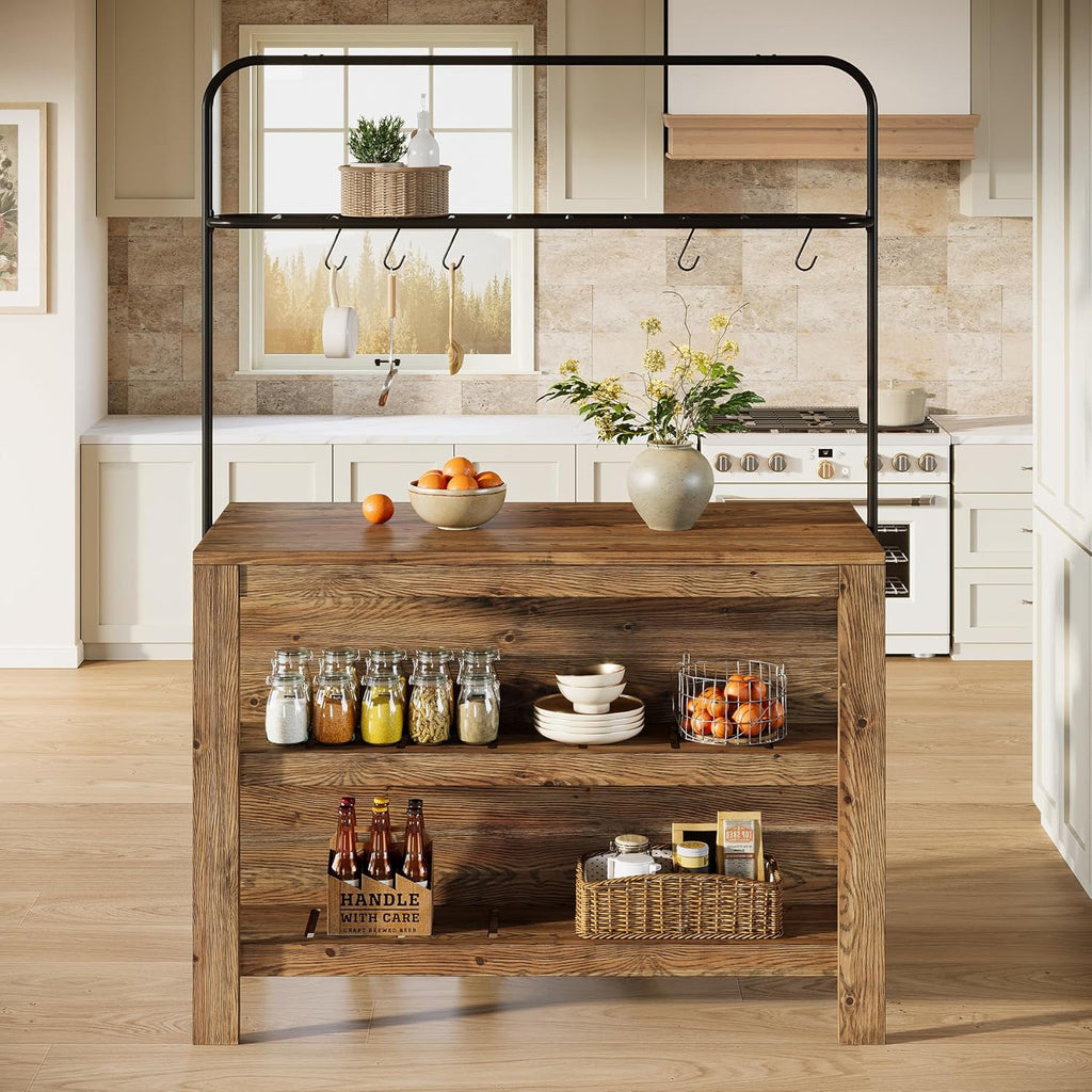 Solid Wood Kitchen Island with Storage, 47-Inch Farmhouse Stationary Island Table with Seating and 5 Hooks, Counter Height Bar Table for Kitchen, Dining Room, Rustic Brown