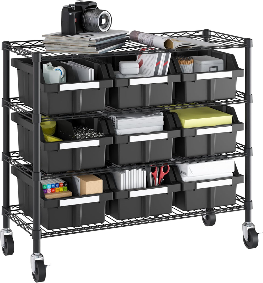 4-Tier NSF 9-Bin Steel Wire Shelving Rack, 36"W x 14"D x 31"H, Graphite | 9 slide-out bins with tilt-lock design keep supplies organized and accessible