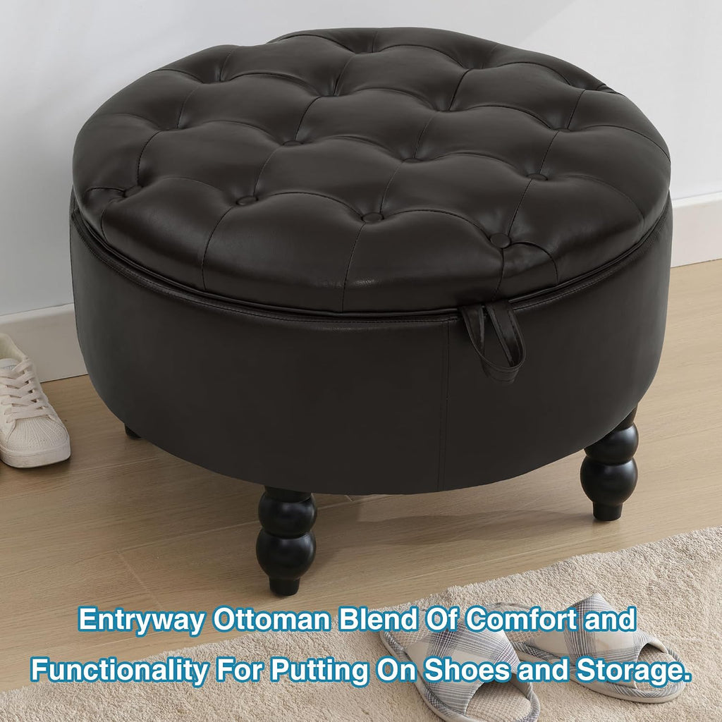 30 Inch Round Ottoman with Storage, Tufted PU Leather Storage Bench for Bedroom, Living Room & Entryway, Modern Upholstered Coffee Table with Wooden Black Legs, Dark Brown(PU)
