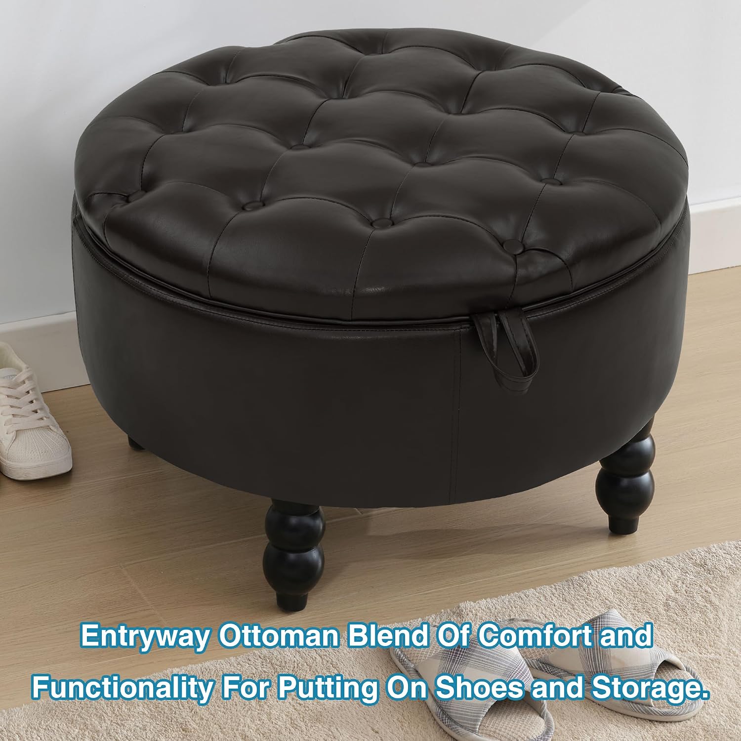 30 Inch Round Ottoman with Storage, Tufted PU Leather Storage Bench for Bedroom, Living Room & Entryway, Modern Upholstered Coffee Table with Wooden Black Legs, Dark Brown(PU)