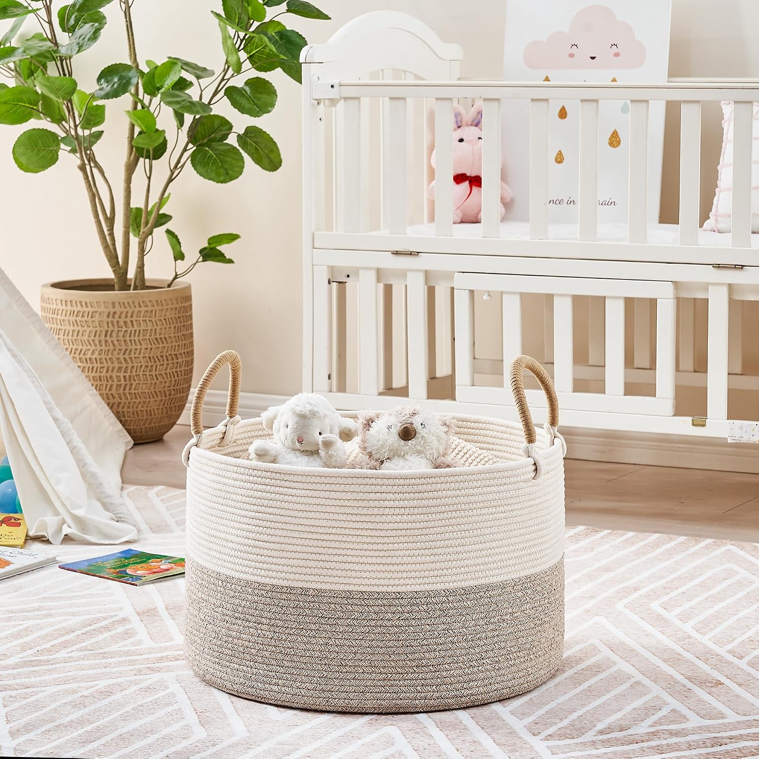 KAKAMAY Large Blanket Basket with Handles, Storage Basket for Living Room | Extra Large Capacity | Natural Cotton Rope | Blanket Storage | Woven Storage Basket | Stuffed Animal Storage | Laundry Basket
