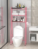 3-Tier Over The Toilet Storage, Freestanding Metal Bathroom Shelves with 4 Hooks, Over Toilet Storage Shelf with Paper Holder, Above The Toilet Shelf for Bathroom Storage, Pink