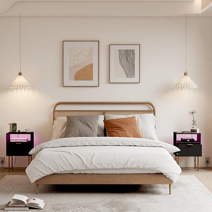 Modern Nightstand with Charging Station and LED Lights, Black Nightstand with...