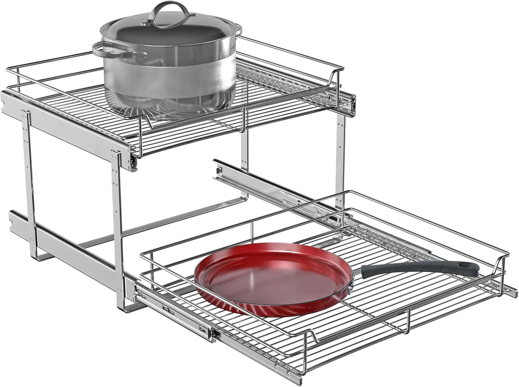 2-Tier Cabinet Pull Out Shelves (20" W x 22" D), Slide Out Shelves for Kitchen Cabinets, Metal Pots and Pans Organizer for Under Cabinet