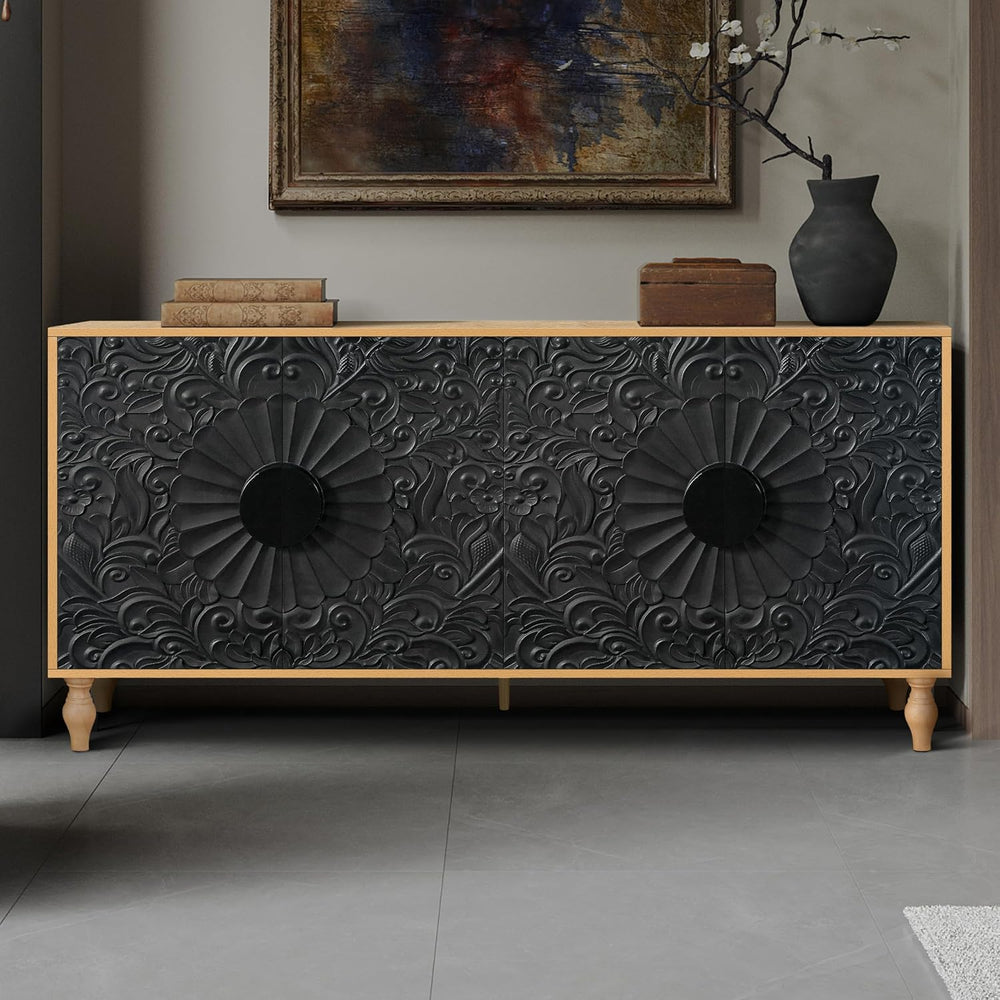 63" Sideboard Buffet Credenzas for Living Room, Black+Natural Entryway T...