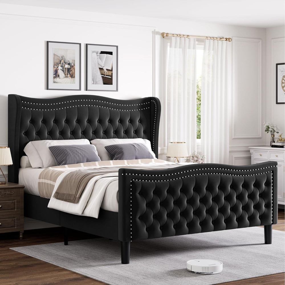 Queen Bed Frame with Tall Headboard & Footboard, Velvet Upholstered Platf...