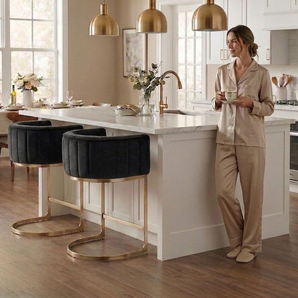 Hyfirm Set of 3 Black Velvet Counter Height Bar Stools Gold Base