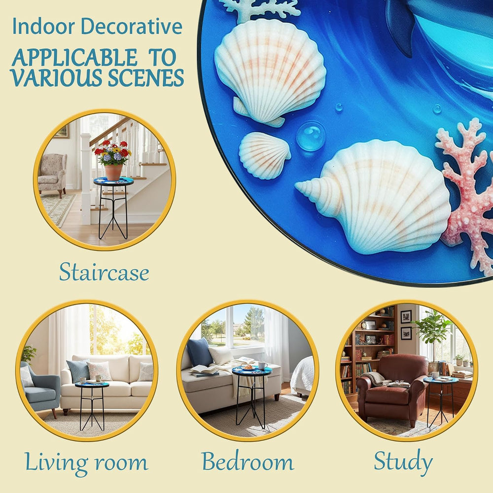 12 Inch Folding Outdoor Side Tea Table, Dolphin Shell Coral Small Accent Tabl...