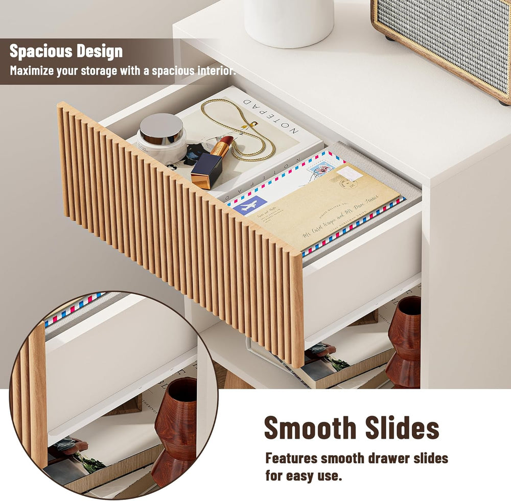 Fluted Nightstand, Modern Bedside Table with Storage Drawers and Open Wood Sh...