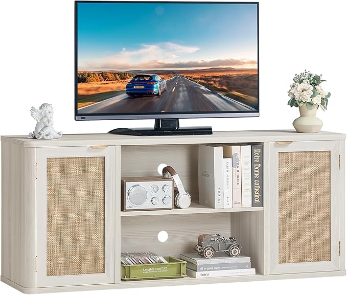 LEYAOYAO Rattan TV Stands for Living Room, Boho Entertainment Center with Storage and Open Shelf, Wood Media Console for 50-65 Inch TV, Grey White