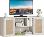 LEYAOYAO Rattan TV Stands for Living Room, Boho Entertainment Center with Storage and Open Shelf, Wood Media Console for 50-65 Inch TV, Grey White