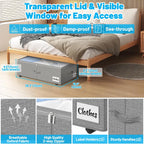 Under Bed Storage with Wheels, 2-Pack 10" Height XXL 60L Rolling Storage Bins, Quick Assembly Underbed Shoe Storage Containers with Clear Lid & Label, Dorm Under bed Drawers for Clothes, Shoes, Grey