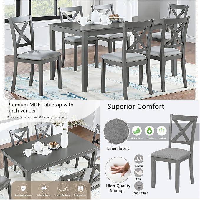7-Piece Dining Table Set for 6, Wooden Kitchen Set with Rectangular Grey Table, 6 Upholstered X-Back Chairs, Modern Living Room Dinner Set with Ergonomic Comfort Seating for Home, Grey