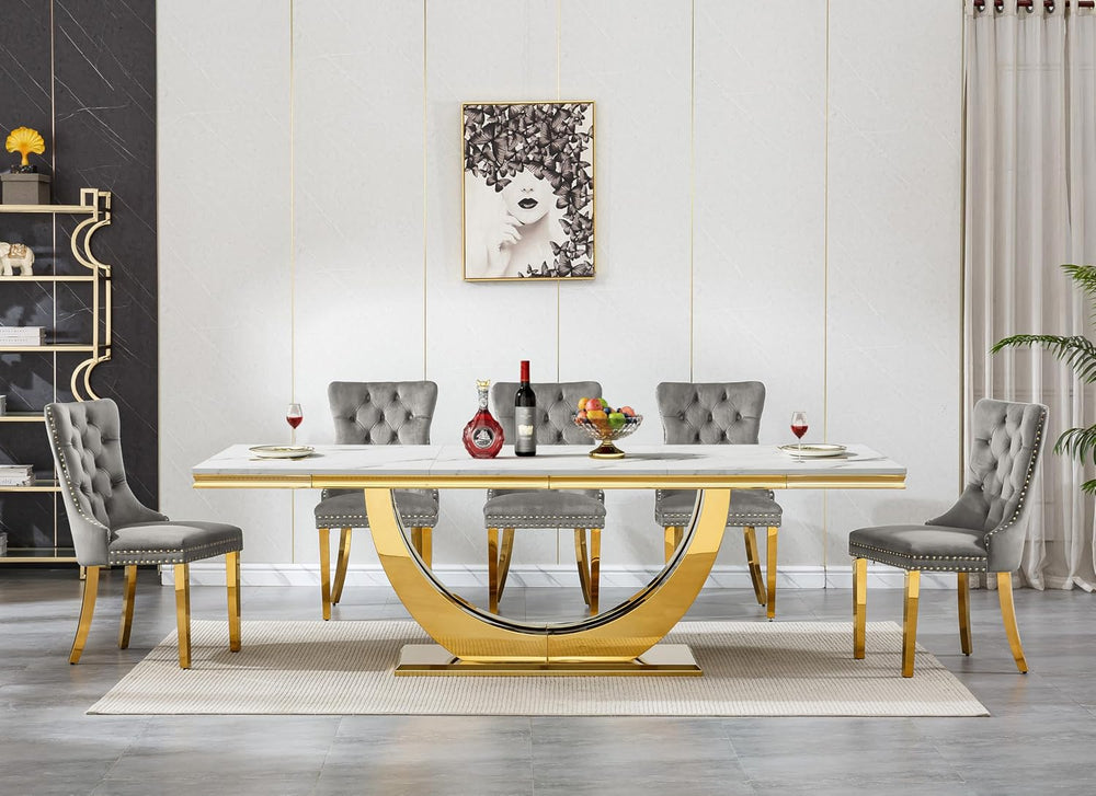 7 Piece Marble Dining Table Set for 6, 94 inch Large White Faux Marble Table ...