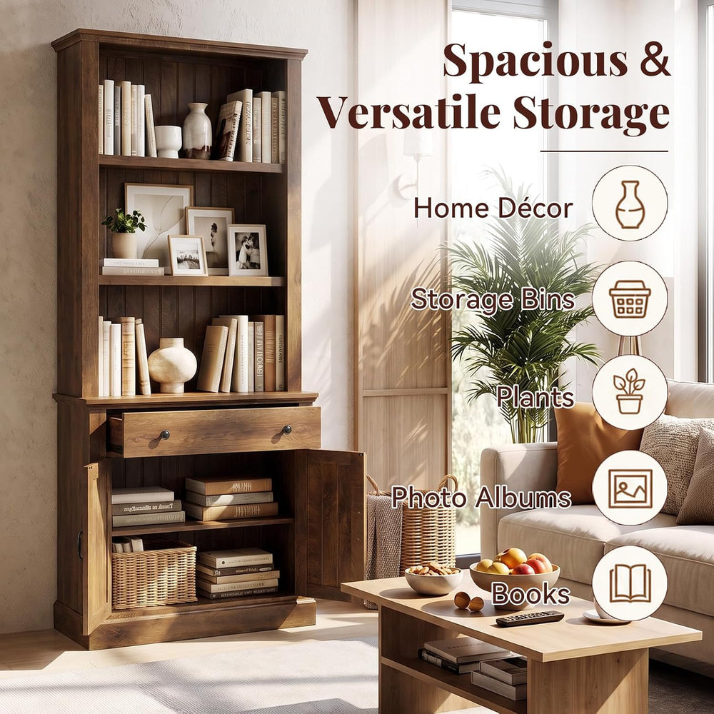 80" Tall Bookcase with Drawer and Doors, Farmhouse Bookshelf,Oak