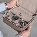 TAWBURY Watch Case - 3 Slot Portable Watch Storage Box for Home & Travel with Extra Wide Pillows for Large Watches and Compartment for Accessory Storage (Taupe)