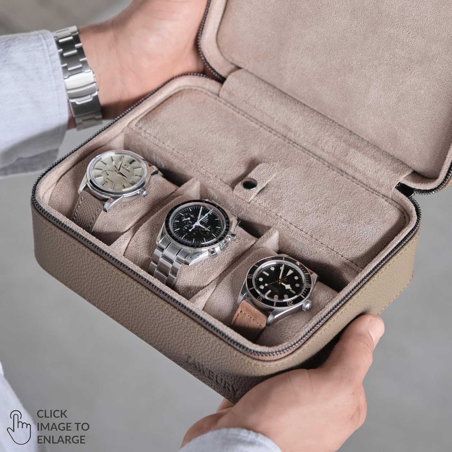 TAWBURY Watch Case - 3 Slot Portable Watch Storage Box for Home & Travel with Extra Wide Pillows for Large Watches and Compartment for Accessory Storage (Taupe)