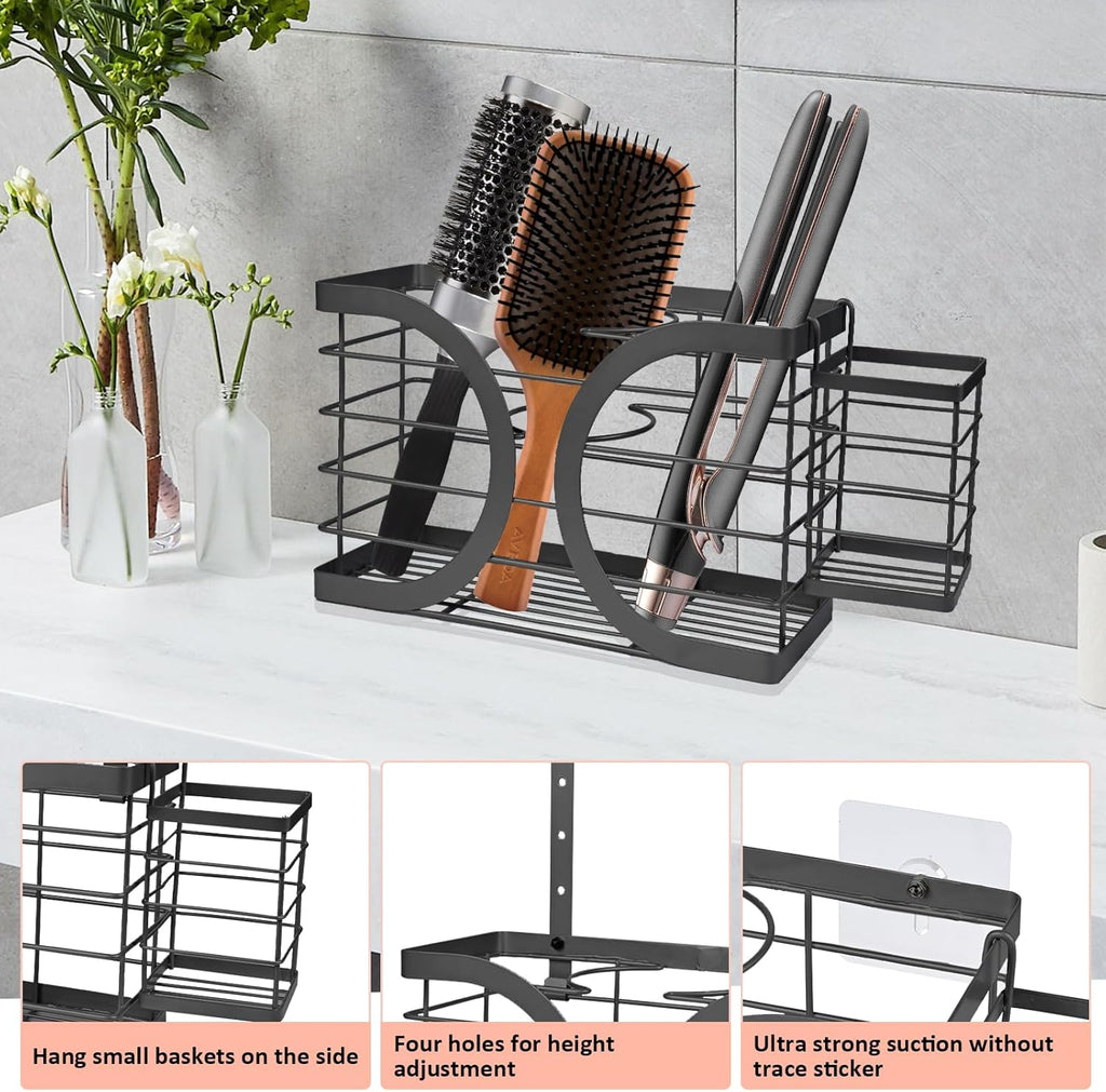 Elegant Black Wall Mounted Hair Dryer Holder - Stylish Bathroom Organiser for Hair Dryer & Straightener, Hair Brush & Accessories