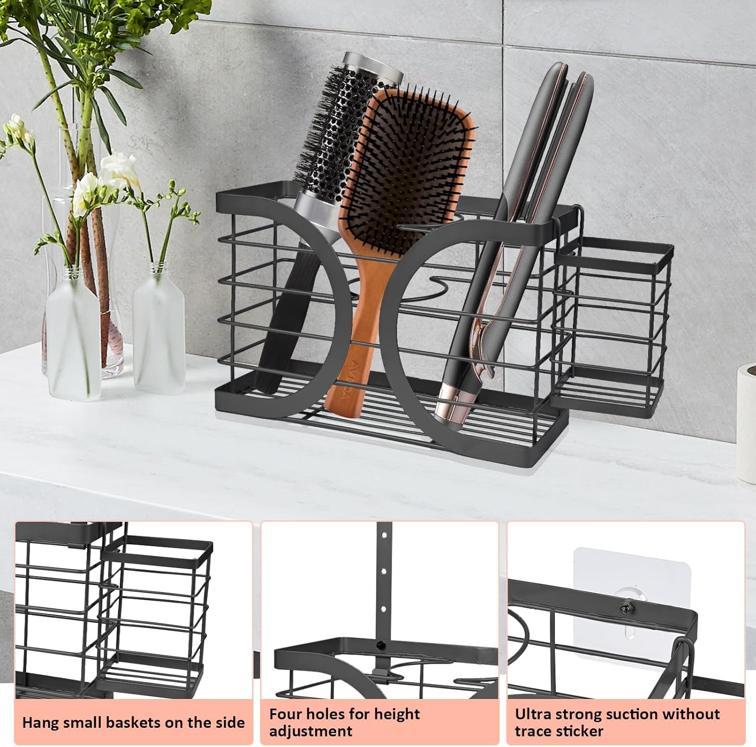 Elegant Black Wall Mounted Hair Dryer Holder - Stylish Bathroom Organiser for Hair Dryer & Straightener, Hair Brush & Accessories