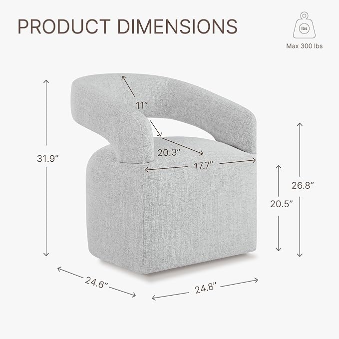 Upholstered Dining Chairs with Casters, Modern Barrel Side Armchair with Rollers for Dining Room, Bedroom, Kitchen, Reading Room, Light Gary, Set of 2
