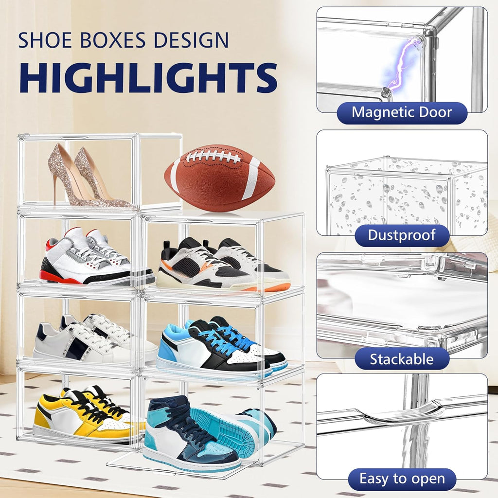 12 Pack Acrylic Shoe Boxes, Size 12 Clear Plastic Stackable Shoe Storage Boxes with Magnetic Lid Acrylic Display Case Sneaker Containers Underbed Closet Make-Up Storage Box