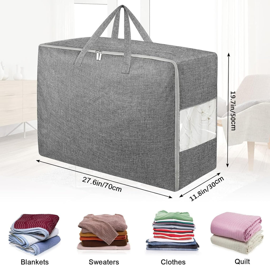 4Pack 105L Extra Large Storage Bags, Folding Moving Comforter Blanket Storage Bags Closet Organizers and Storage Containers for Clothes with Strong Handles&Zippers Clear Window for Bedding Pillow Grey